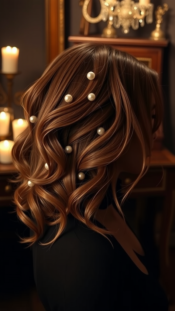 A woman with loose curls and pearl accents in her hair, looking elegant and stylish.