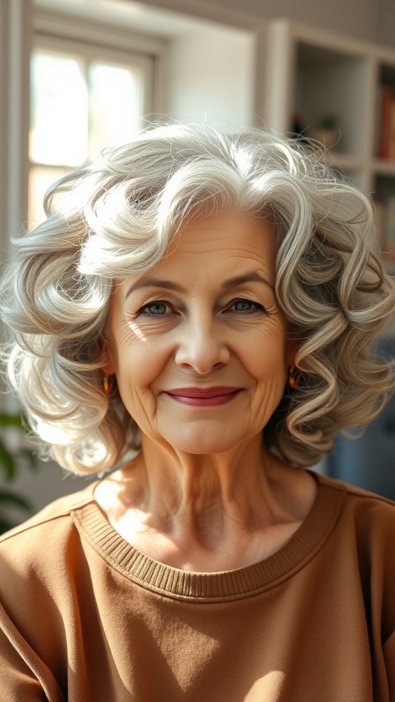 A woman over 70 with loose curls and volume, smiling warmly.