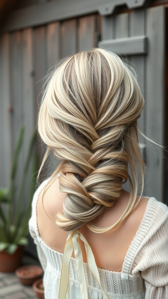 A woman with medium-length hair styled in a loose low braid, featuring a ribbon tied at the end.