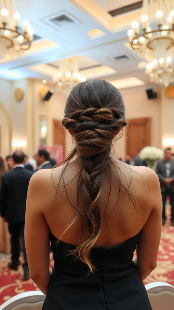 A low braided bun hairstyle on a woman, showcasing intricate braiding and loose strands.