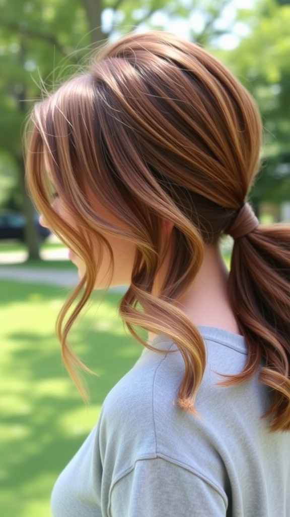 A woman with medium length hair styled in a low loose ponytail, with soft waves framing her face.