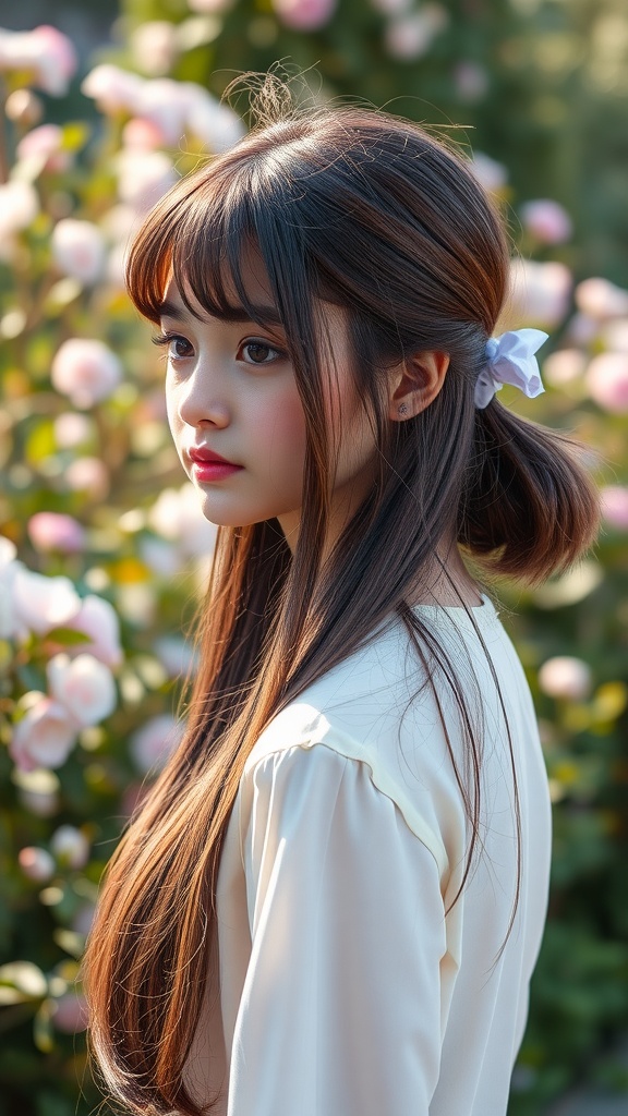 A teenage girl with a low ponytail and curtain bangs, surrounded by flowers.