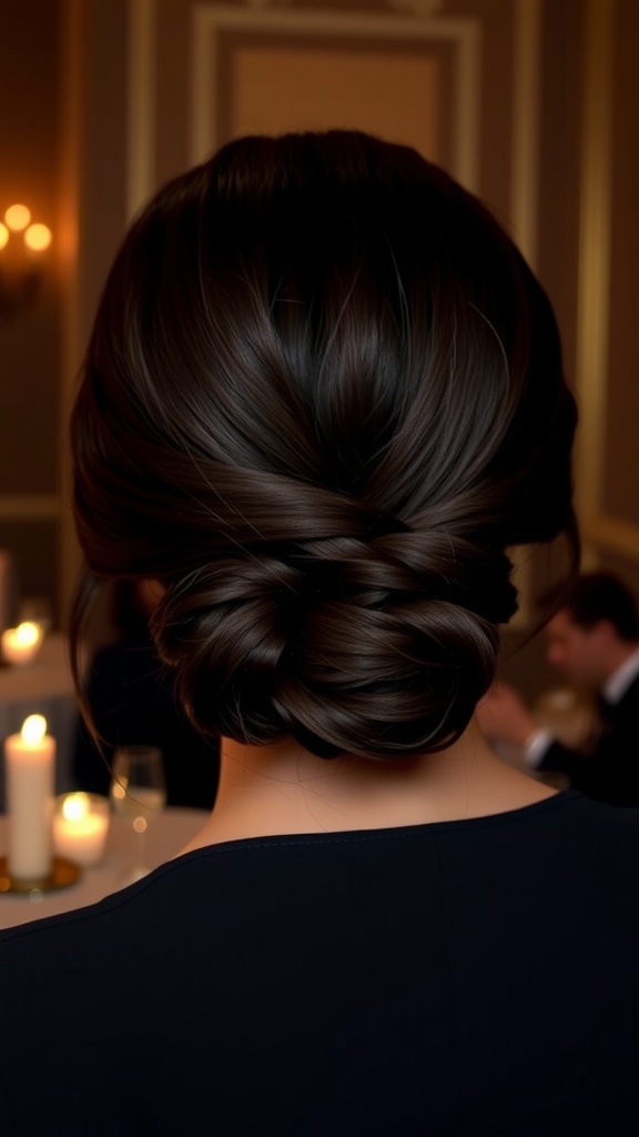 Low twisted chignon hairstyle for medium length hair.