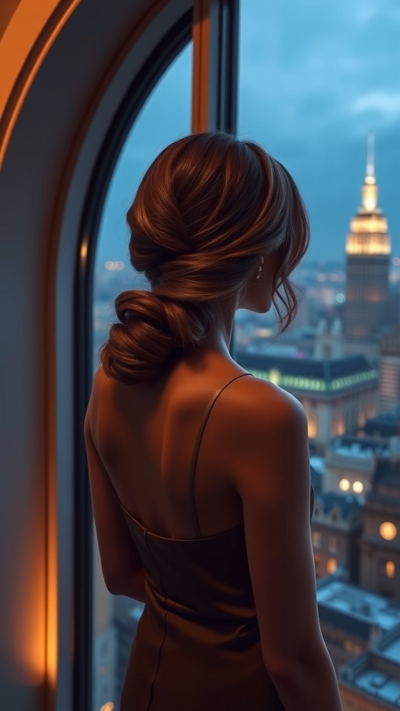 A woman with a low twisted chignon hairstyle, looking out of a window at a cityscape.
