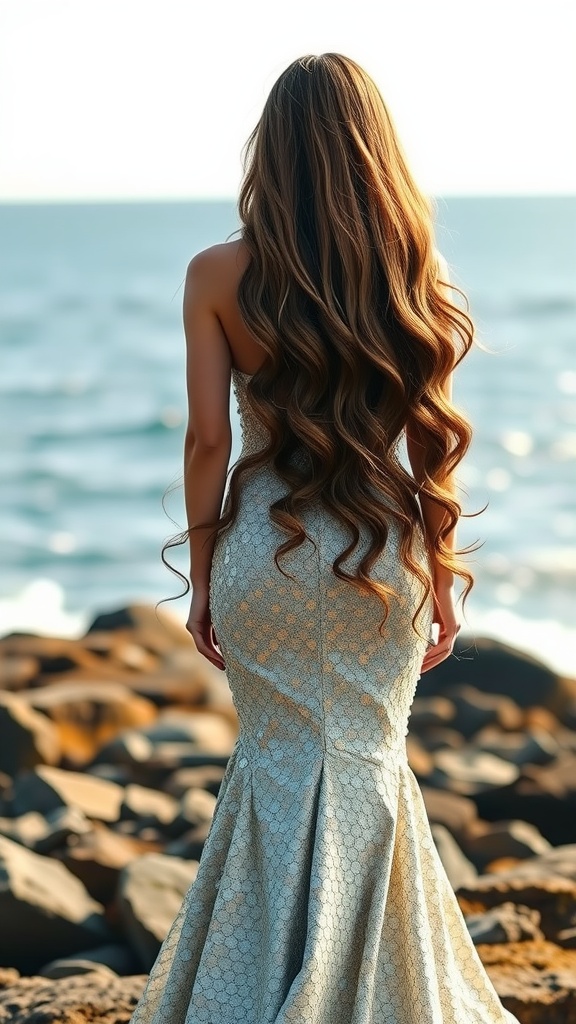 Woman with long, wavy hair standing by the ocean, wearing a shimmering gown