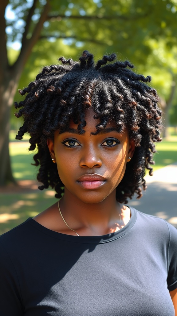 A woman with a medium-length afro hairstyle, featuring defined curls, standing outdoors with a natural background.