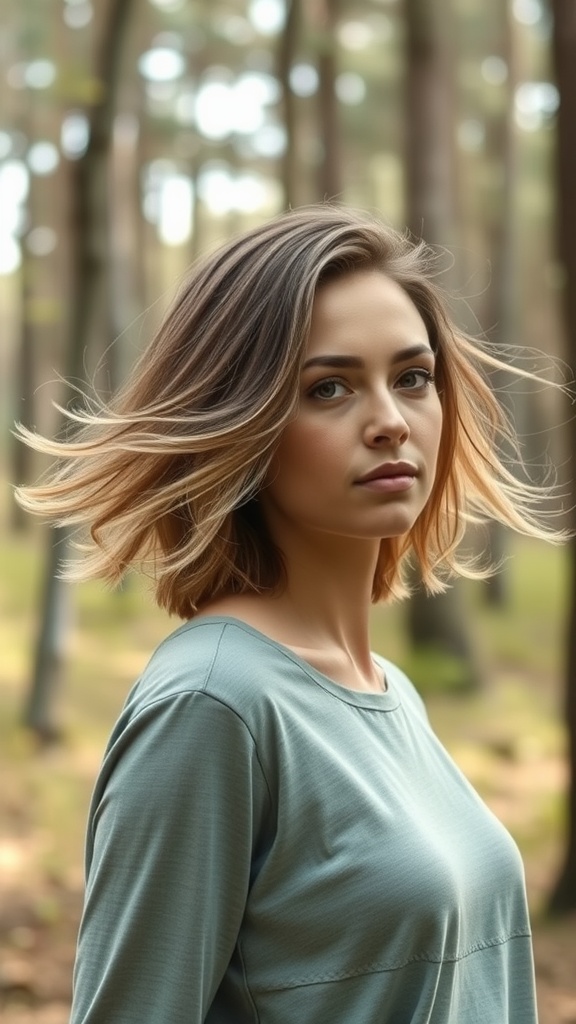 A woman with medium-length layered hair styled in a windswept look, standing in a forest.