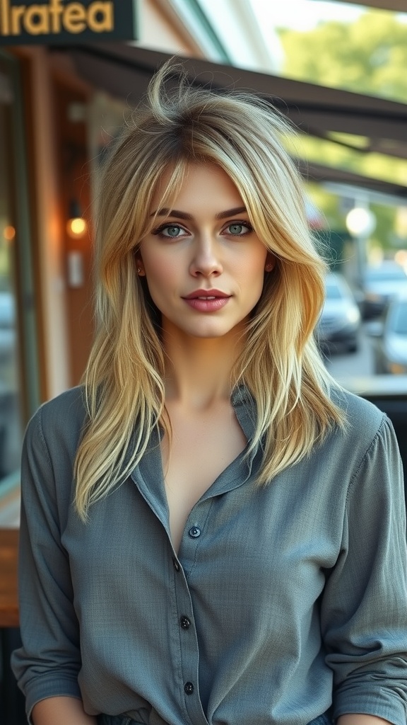 A woman with medium-length layered hair with textured ends, wearing a gray button-up shirt