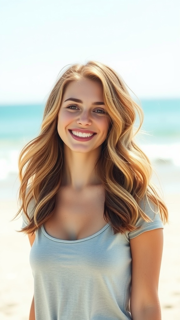 A woman smiling with medium-length layered hair styled in soft waves, standing by the beach
