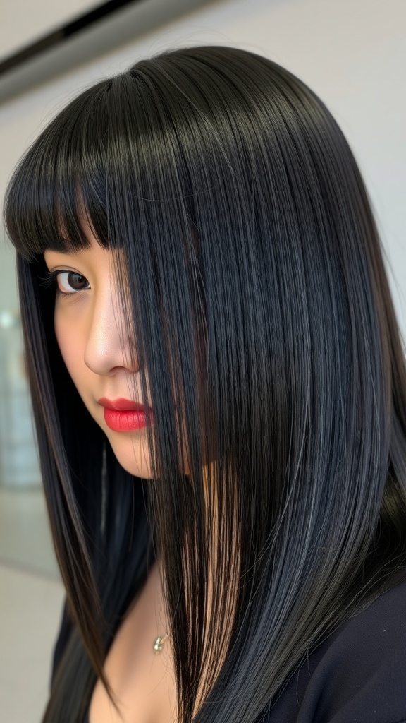 A woman with medium-length sleek hair and curtain bangs.