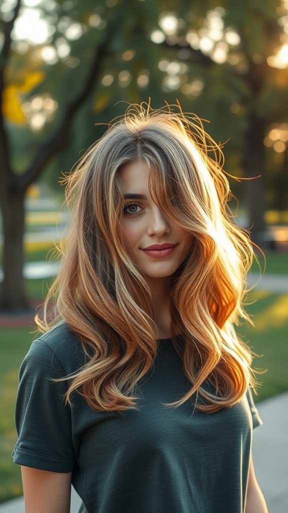 A woman with medium-length, wavy hair and wispy curtain bangs, smiling softly in a sunlit outdoor setting.