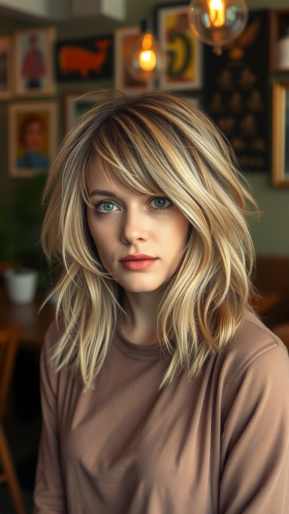 A woman with medium shag hair and curtain bangs, featuring layers and a soft look.
