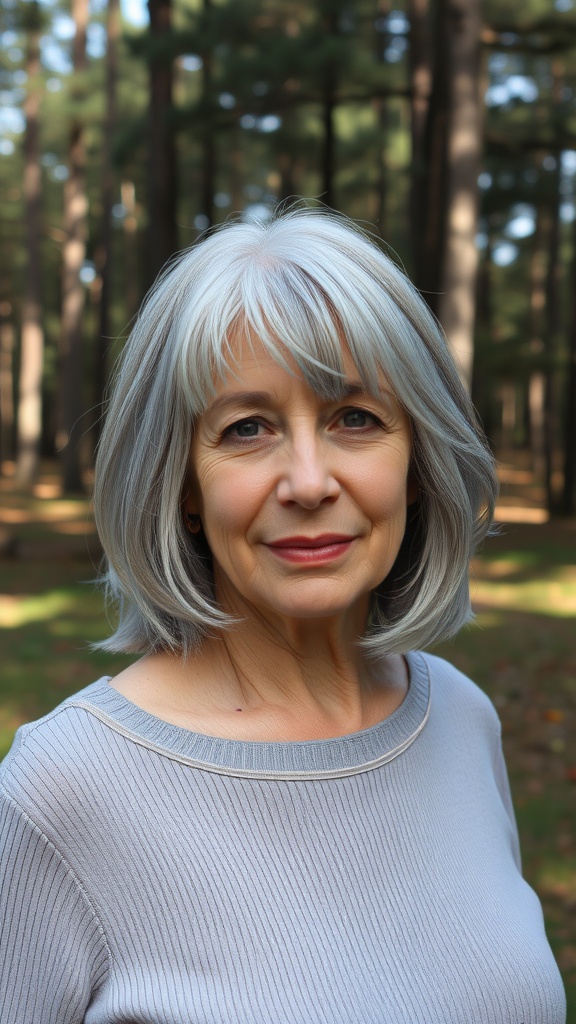 A woman with a medium shag hairstyle and feathered bangs, smiling in a forest setting.