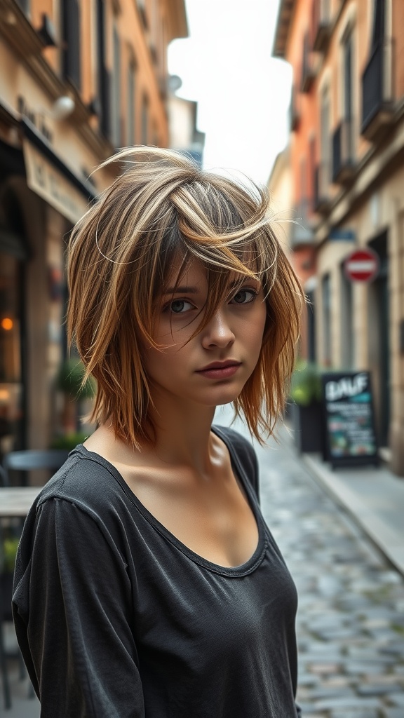 A woman with a messy asymmetrical bob haircut, standing in a cobblestone street with shops in the background.