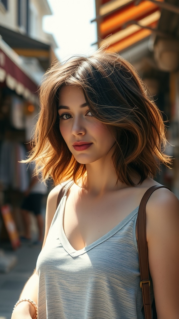A woman with a messy bob shag hairstyle featuring ombre ends, smiling in a casual setting.