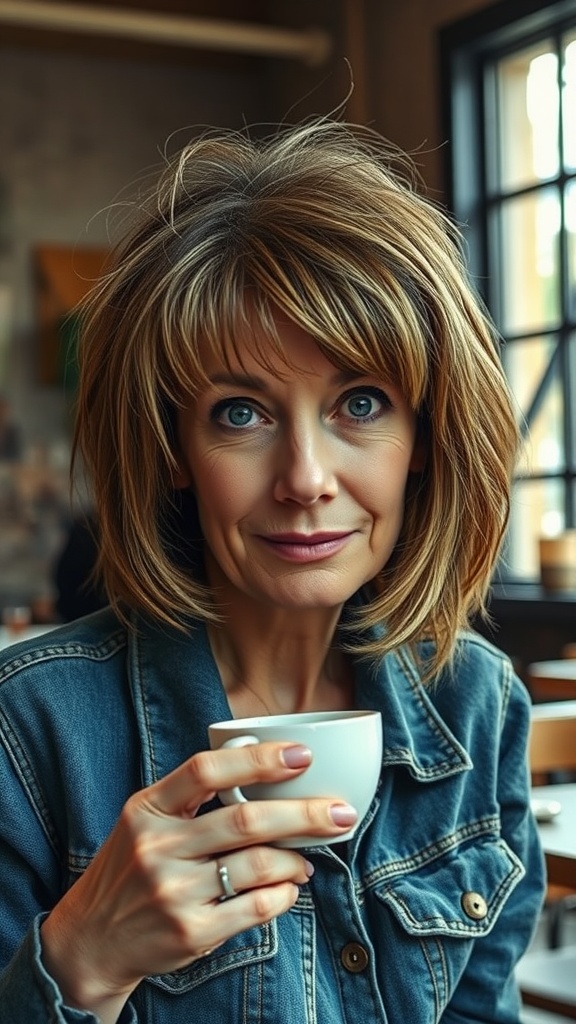 A woman with a messy bob and fringe bangs enjoying coffee at a cafe