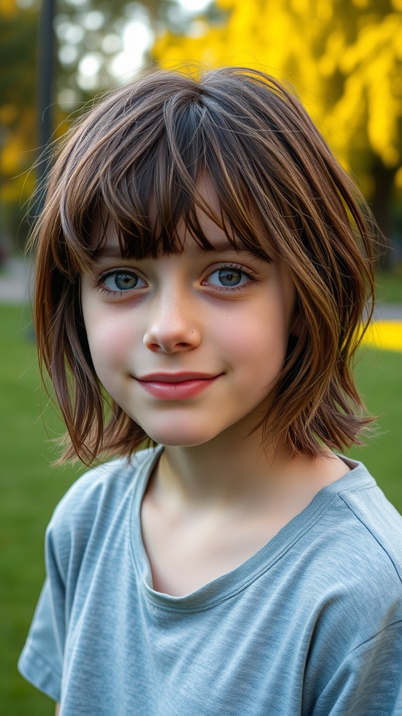 A girl with a messy bob hairstyle and textured bangs, smiling outdoors.