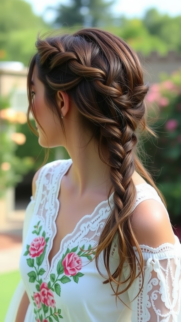 A woman with a beautifully braided updo hairstyle