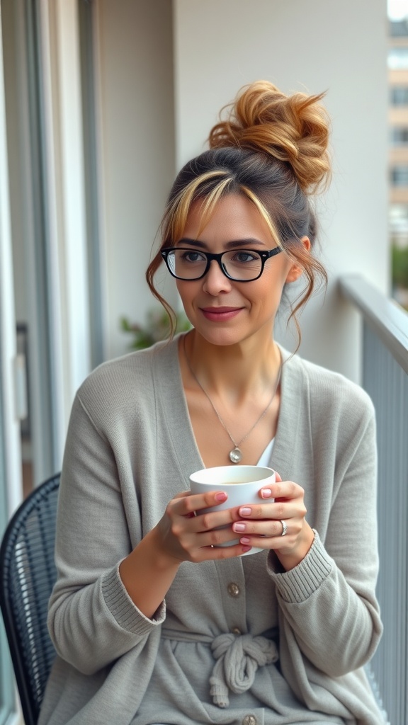 Woman with a messy bun hairstyle holding a cup of coffee, exuding a relaxed and stylish vibe.