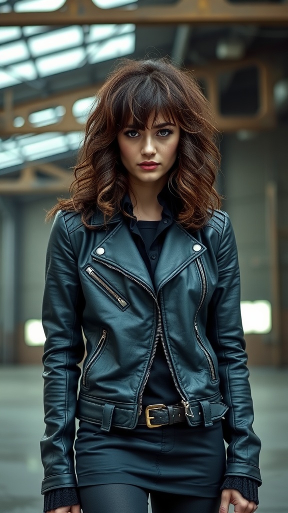 A woman with messy curly shag hairstyle and uneven bangs, wearing a leather jacket.