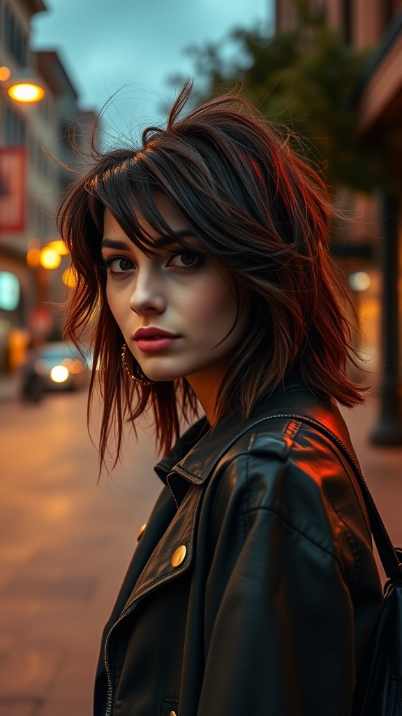 A person with messy layers and a tousled look, wearing a leather jacket in a city setting during sunset.