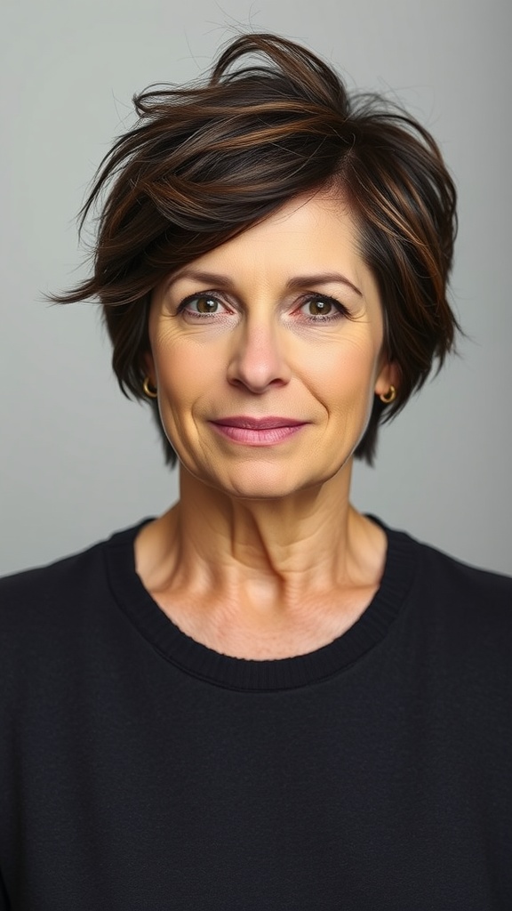A woman with a messy pixie shag haircut, showcasing layers and highlights.