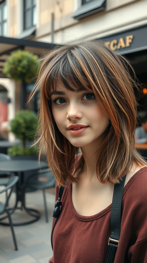 A young woman with shaggy hair and blunt bangs smiling outdoors.