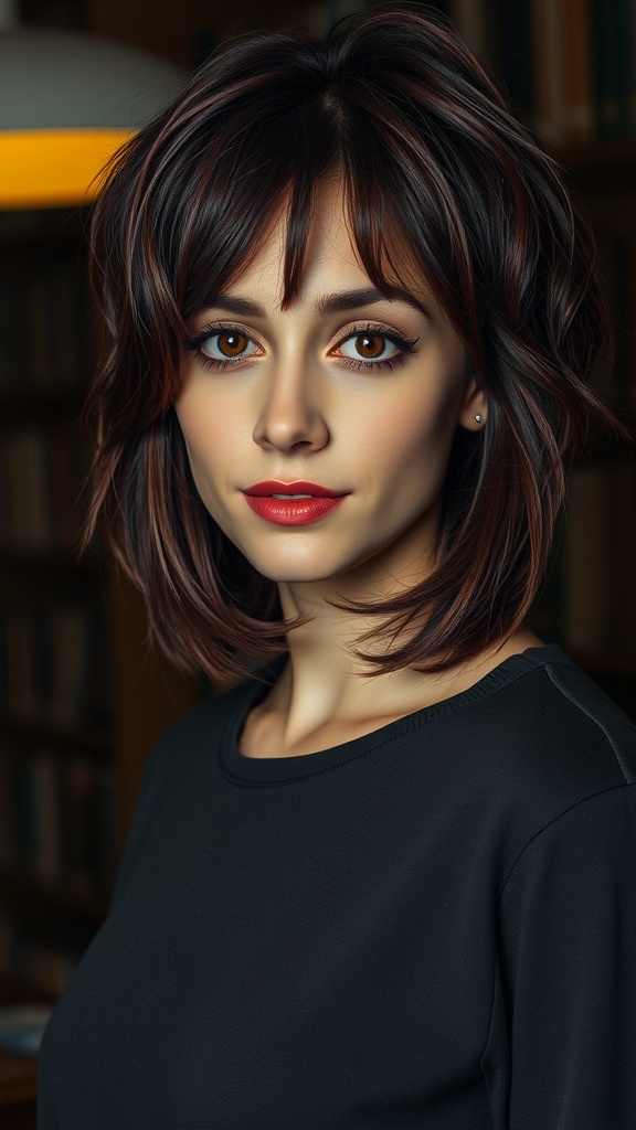 A woman with a messy shag hairstyle featuring blunt ends, showcasing layered short hair.