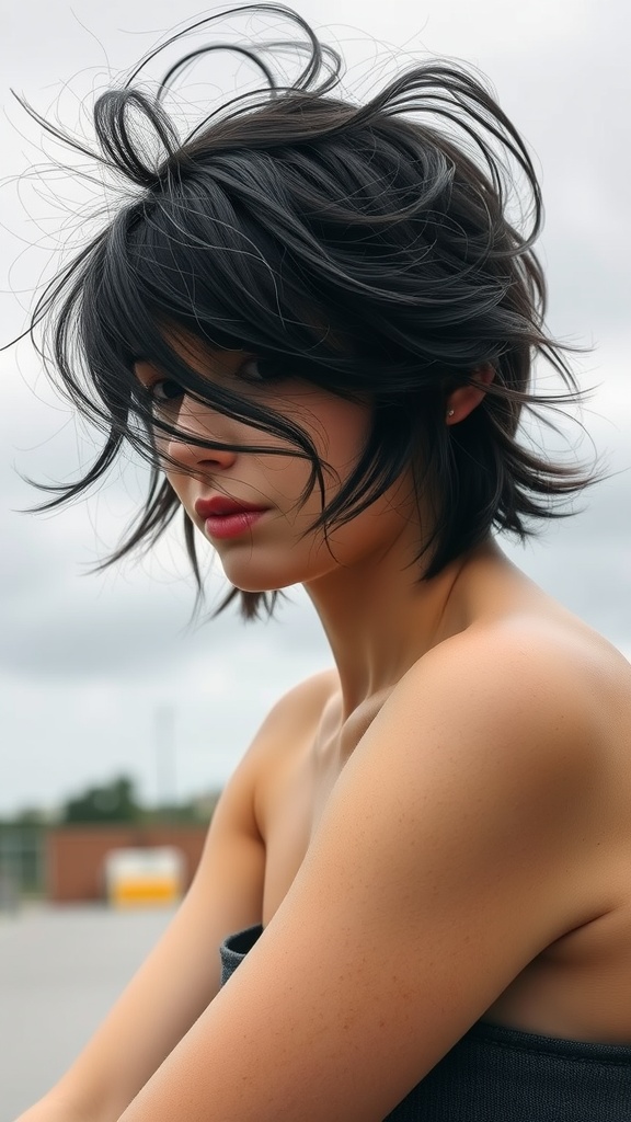 A young woman with a messy shag hairstyle and blunt fringe, showcasing a confident and stylish look.