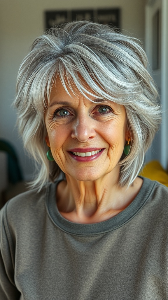 A woman over 60 with a messy shag hairstyle featuring chunky layers and a warm smile.