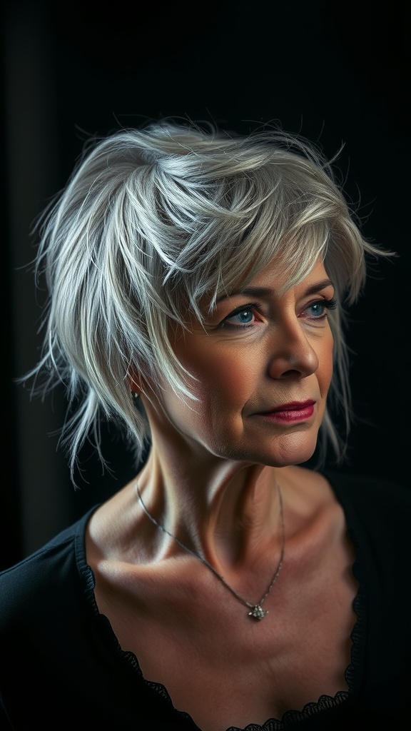 A woman with a messy shag haircut featuring an undercut, showcasing silver hair and a confident look.