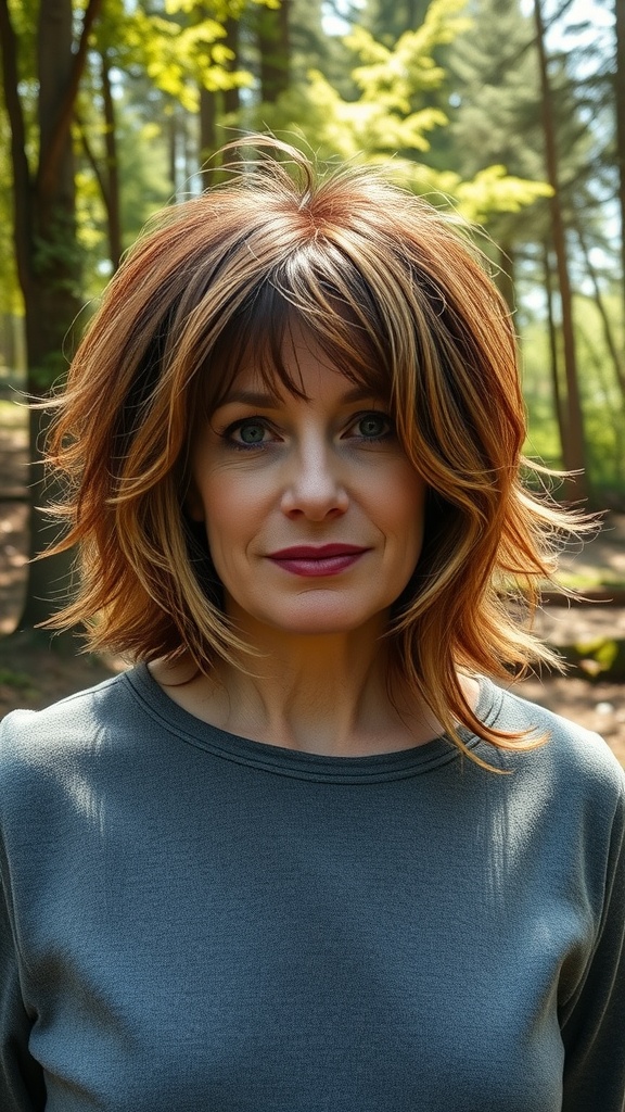 A woman with a messy shaggy bob hairstyle featuring auburn and gold streaks, set against a backdrop of trees.