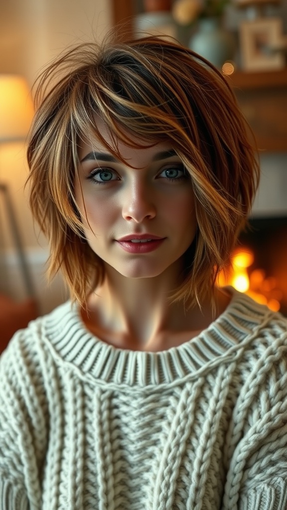 A woman with a messy shaggy bob haircut and side-swept bangs, wearing a cozy sweater, with a warm background.