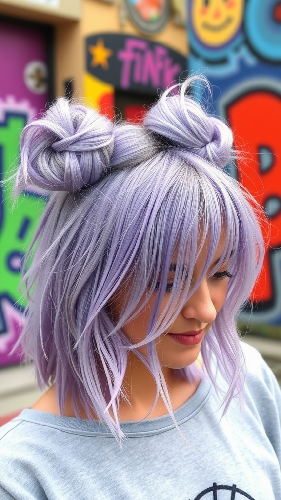 A woman with lavender hair styled in messy space buns, standing in a colorful alley.