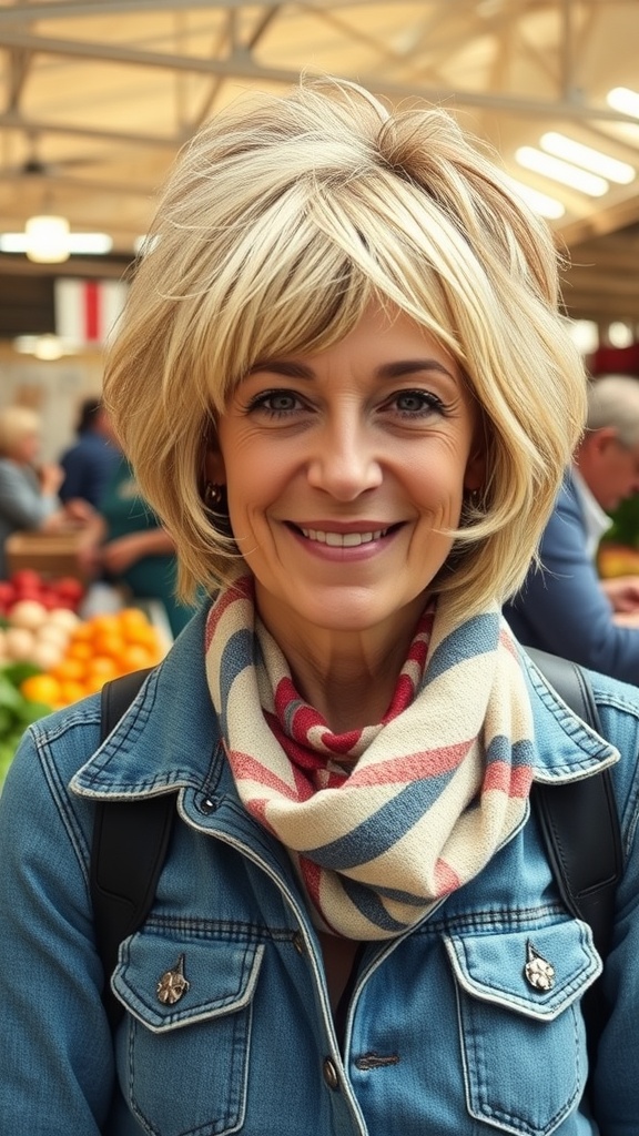 Woman with a messy textured bob hairstyle and side bangs, wearing a denim jacket and a striped scarf, smiling in a market setting.