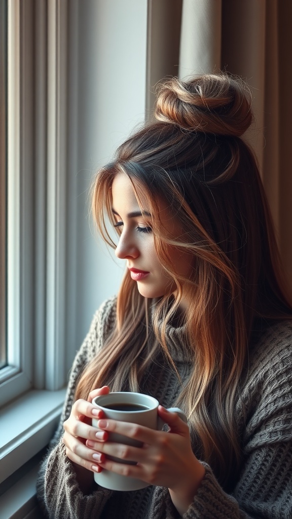 Woman with long hair styled in a messy top knot, looking out the window while holding a cup of coffee.
