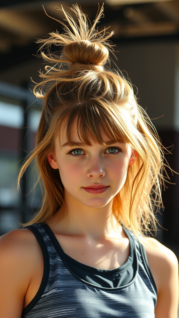 A girl with a messy top knot hairstyle and bangs, looking casual and stylish.
