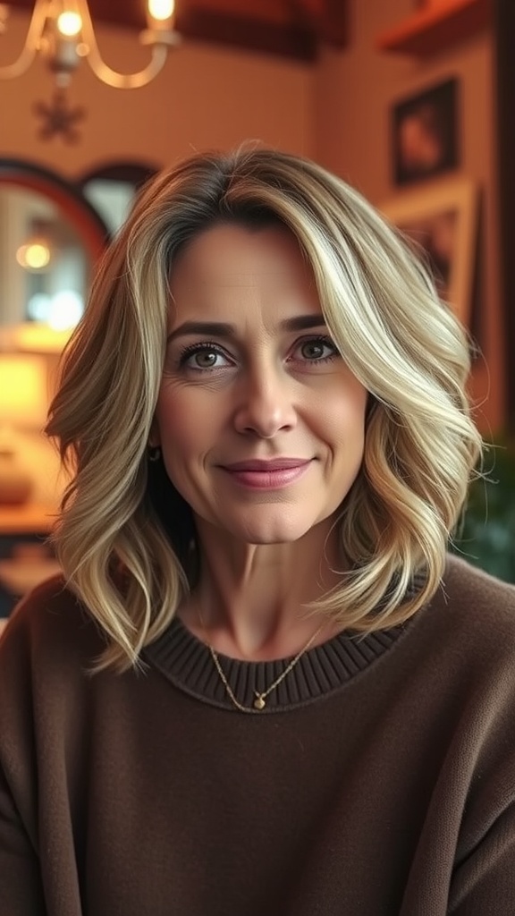 A woman with mid-length hair styled in soft layers, wearing a brown sweater, in a cozy indoor setting.