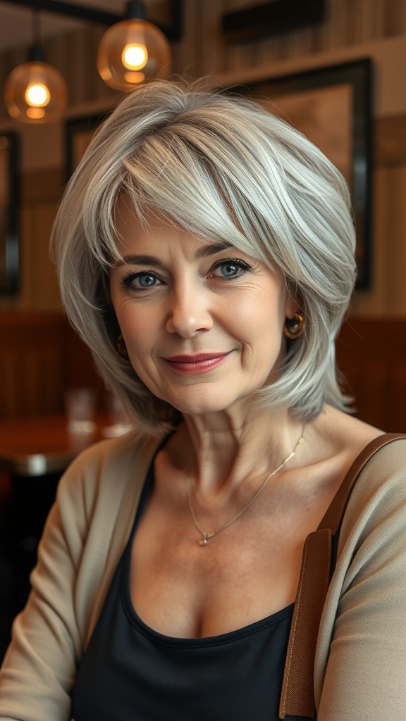 A woman over 60 with a mid-length shag hairstyle featuring flipped ends, styled elegantly.