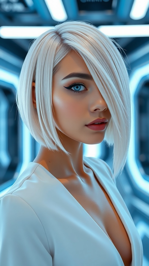 A woman with an ice blonde asymmetrical bob haircut, featuring a sleek and modern look.