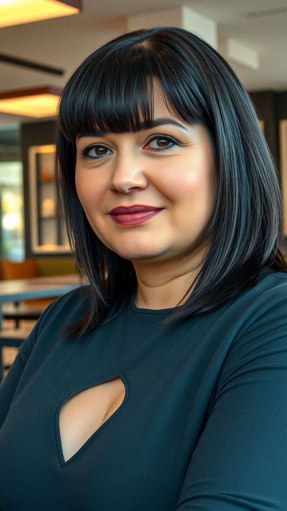 A woman with modern blunt bangs, featuring sleek straight hair and a confident expression.