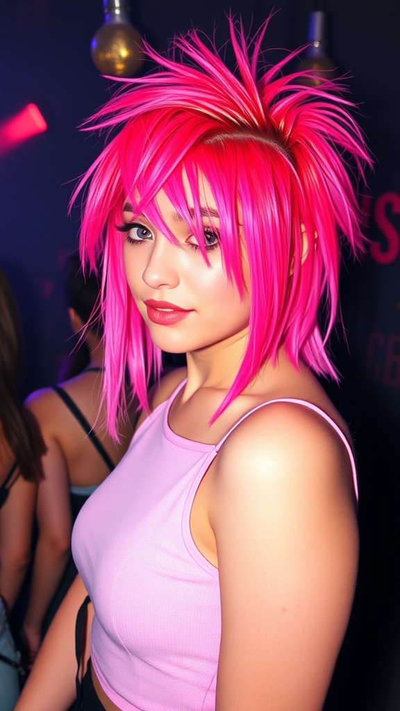 A woman with vibrant pink shaggy hair styled in a modern mullet, wearing a light pink top.