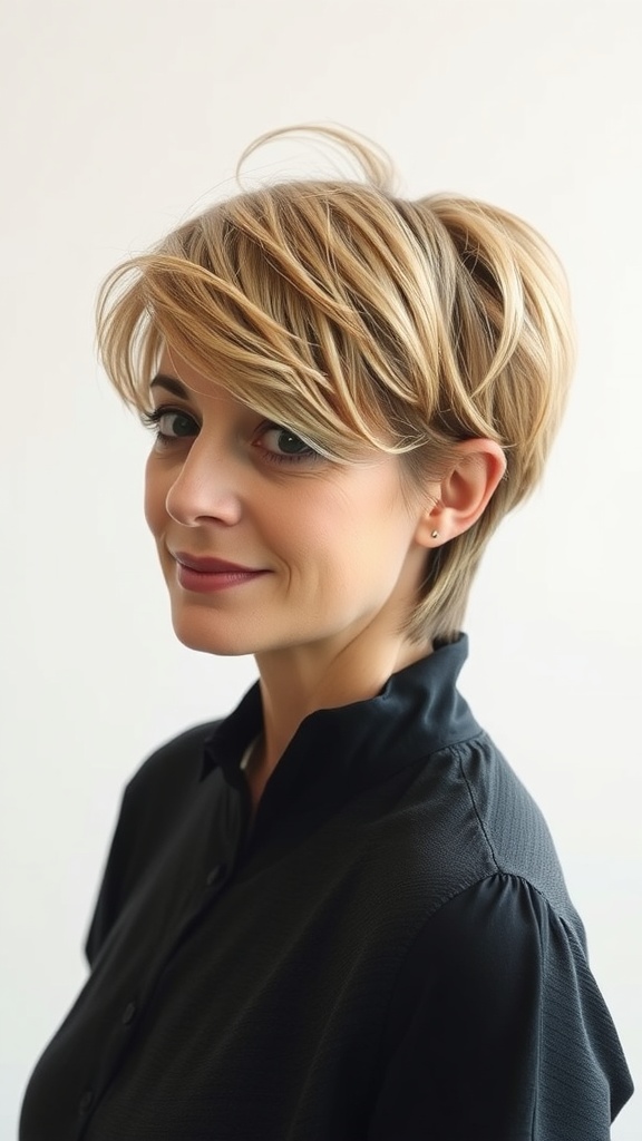 A woman with a modern pixie shag haircut, showcasing soft layers and subtle highlights.