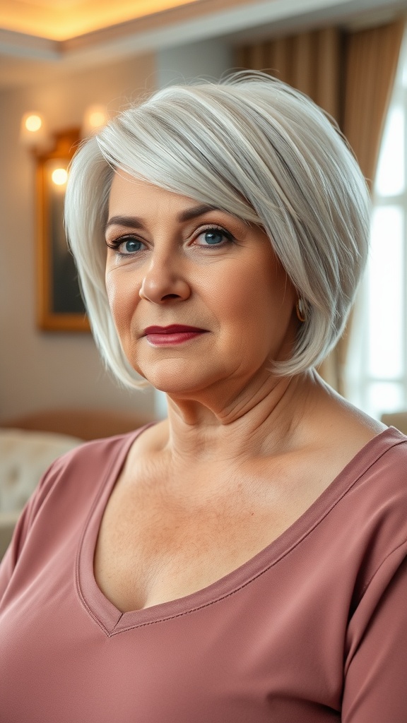 A woman over 60 with a neat cropped hairstyle, featuring silver hair and a smooth finish, looking confident and elegant.