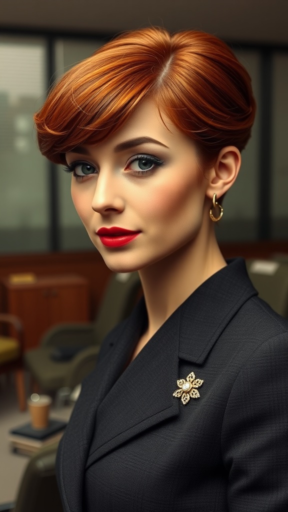 A woman with a vintage pageboy haircut, showcasing a smooth and polished style, wearing a dark blazer and red lipstick.