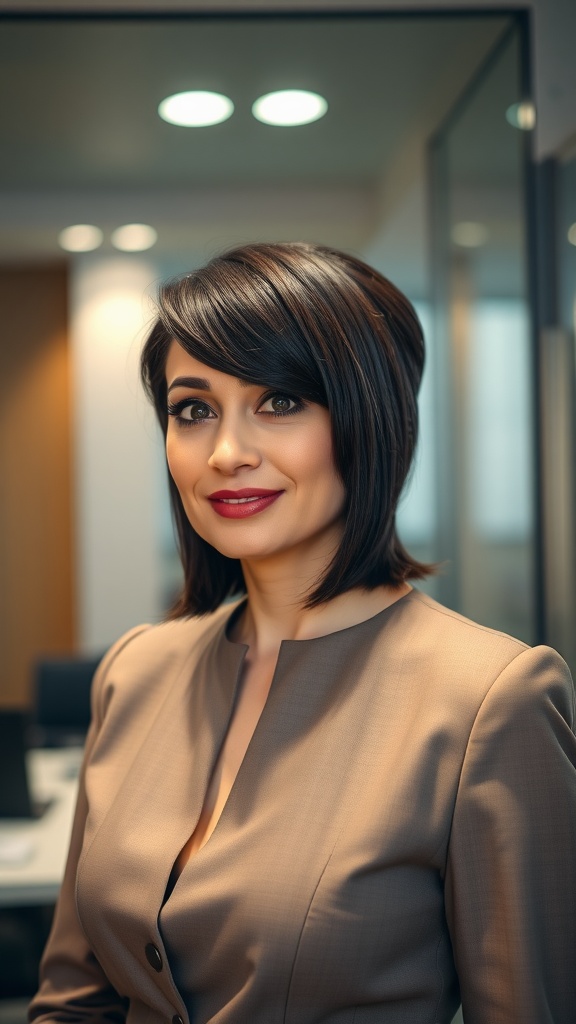A woman with a piecey shag hairstyle featuring a side part, wearing a stylish outfit in a modern office setting.