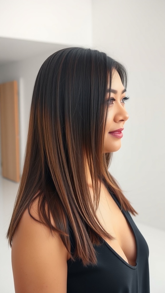 A woman with long, pin-straight hair and long side bangs, showcasing a smooth and elegant hairstyle.