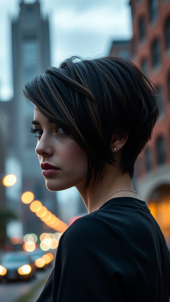 A woman with a pixie-inspired A-line bob hairstyle, showcasing a modern look in an urban setting.