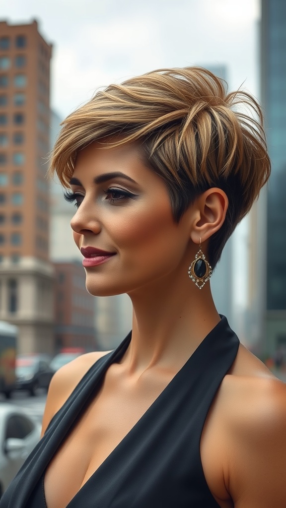 A woman with a stylish pixie cut and earrings, looking confidently into the distance.