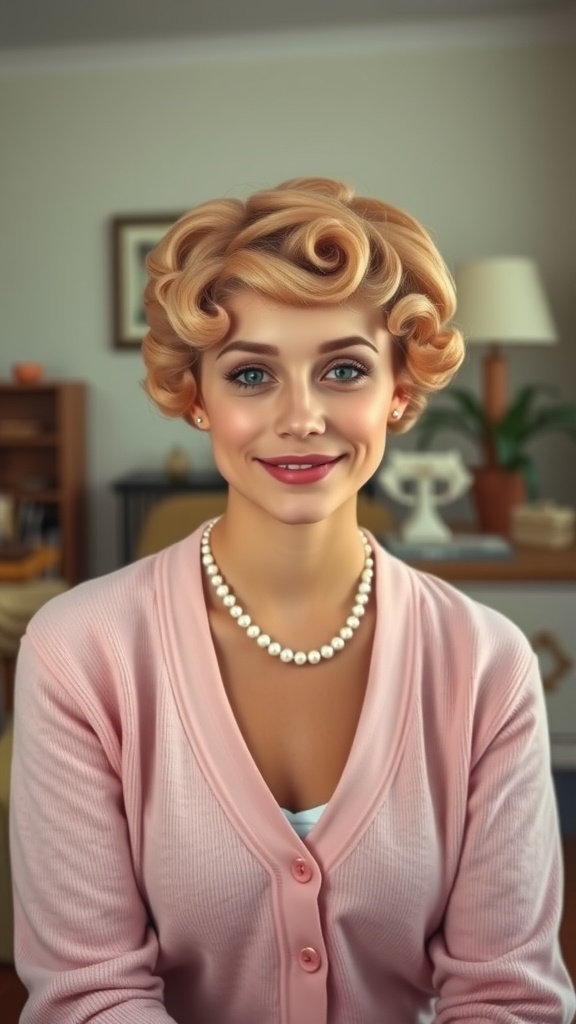 A woman with a vintage pixie cut featuring soft curls, wearing a pink cardigan and pearl necklace, smiling at the camera.